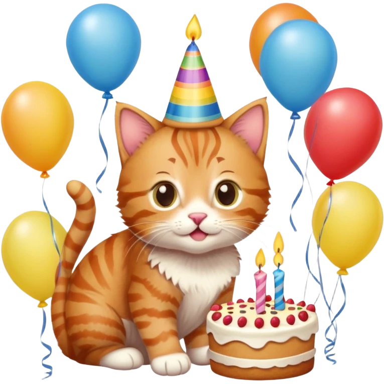 Ginger tabby kitten celebrates birthday, birthday hat, birthday cake, one candle, balloons, happy, gifts emoji