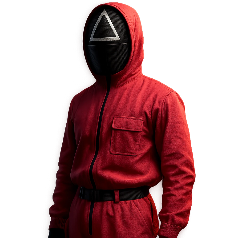 Squid Game series, masked guard in pink jumpsuit, minimal background, dramatic lighting emoji