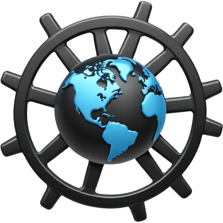 Minimal black line icon of a gear and globe, with circuit-style connected nodes, flat vector style, thin stroke, white background, representing global system configuration and connectivity. emoji
