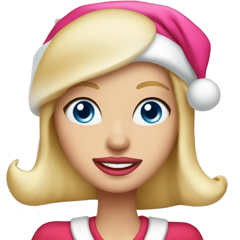 Beautiful blonde blue eyed woman, pink lips, wearing santa hat, wearing red top emoji