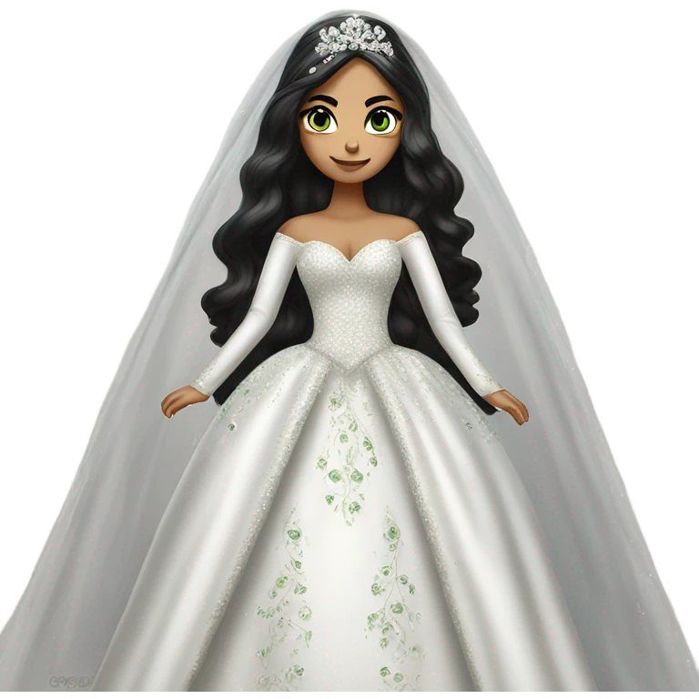 Hyper Realistic ornate ballgown long sleeve Wedding dress with diamanté on Russian bride with green eyes and long black hair with veil emoji