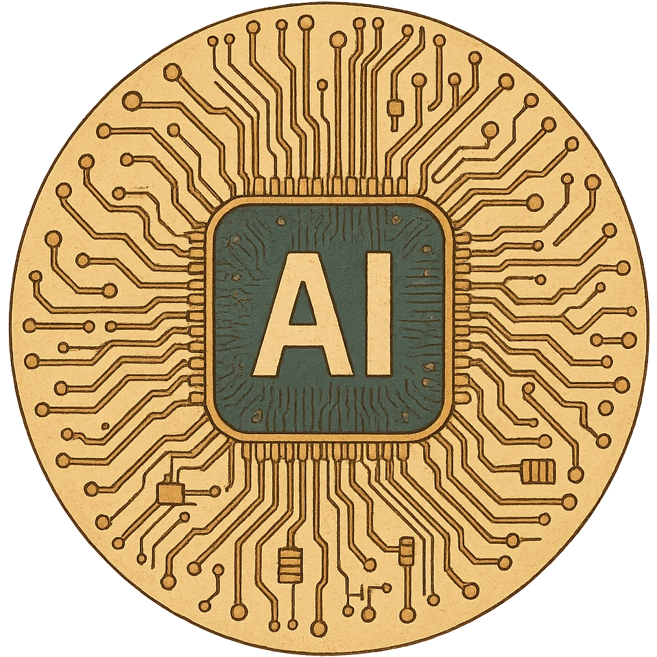 circular computer chip with 'AI' in the center, intricate circuit lines emoji