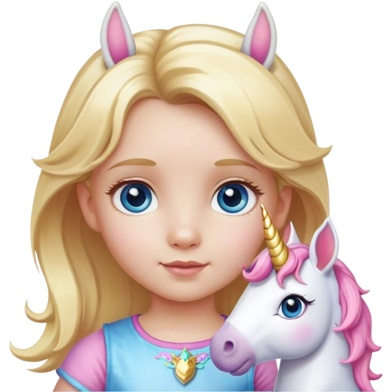 Little girl blonde and blue eyes, with a unicorn toy emoji