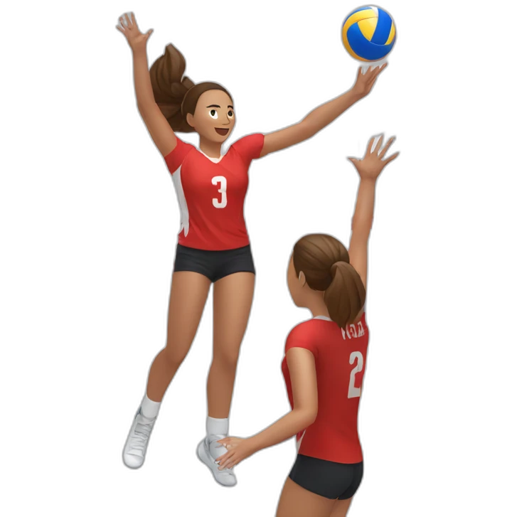 Girl playing volleyball in red jersey and blocking the opponent emoji