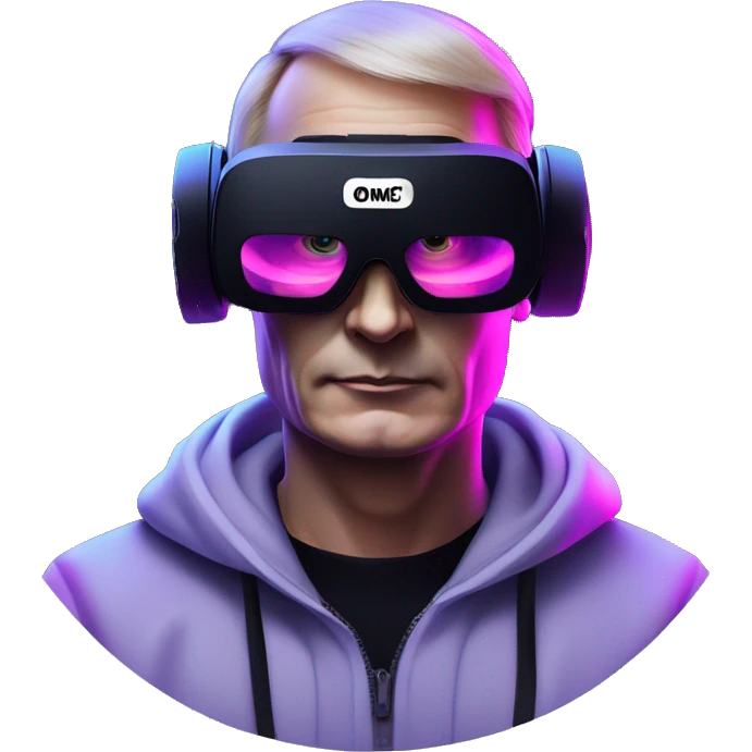 Putin wearing a black hoodie with "OMG" letters on it and VR headset oculus quest 2 in a cyberpunk VR environment with violet neon lighting. emoji