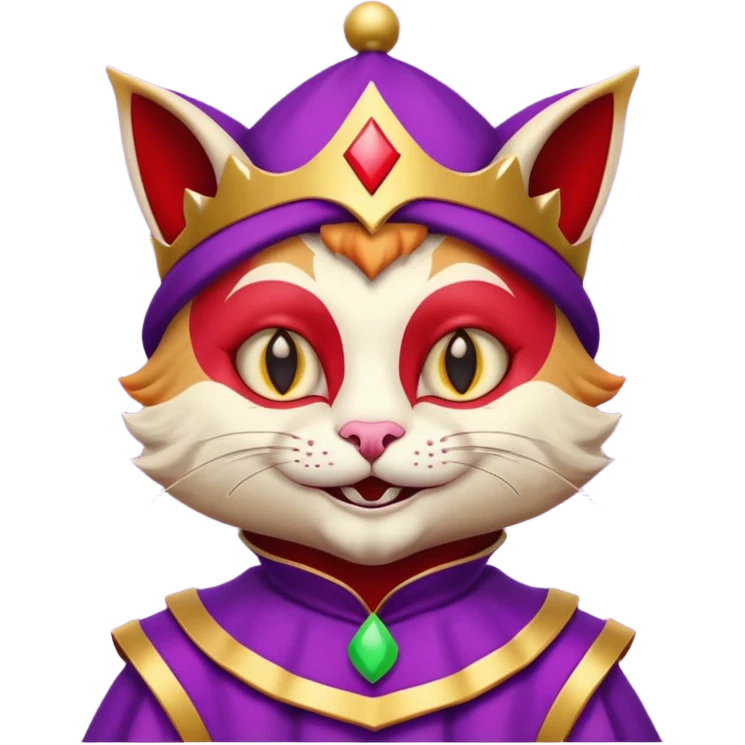 crazy colorful cute little cat jolly joker from poker, medieval, vintage, court jester, mac os icon, purple, gold and red color, half body emoji