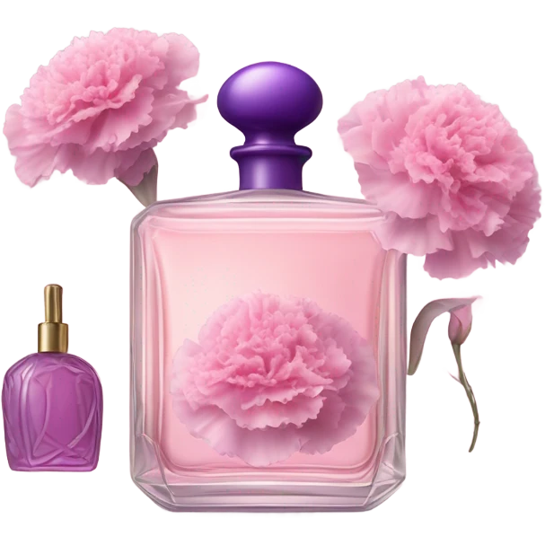 Aesthetic still life of delicate pink carnations beside a vintage purple perfume bottle. emoji
