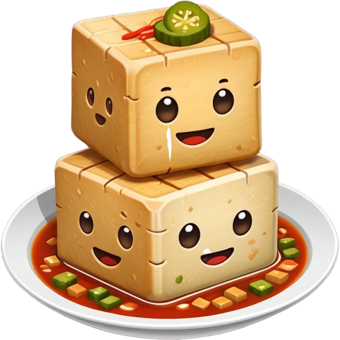 Stinky Tofu with sauce and pickles, simplified emoji style with bold outlines and bright colors, cartoon style dark fermented Chinese street food with steam emoji