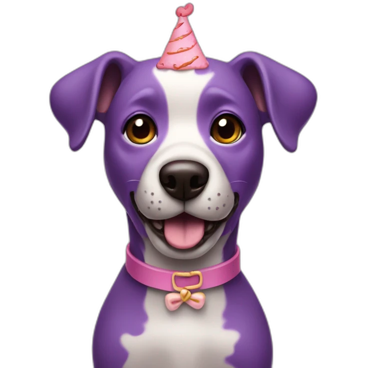 a purple dog with a brown nose and a pink collar with a bone eat cake emoji