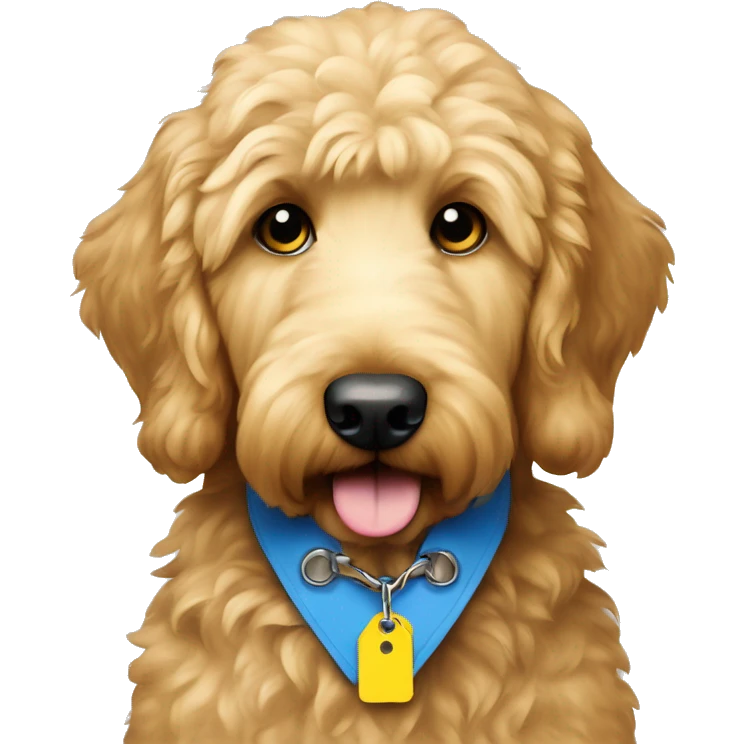 Golden doodle with blue collar and yellow tag emoji