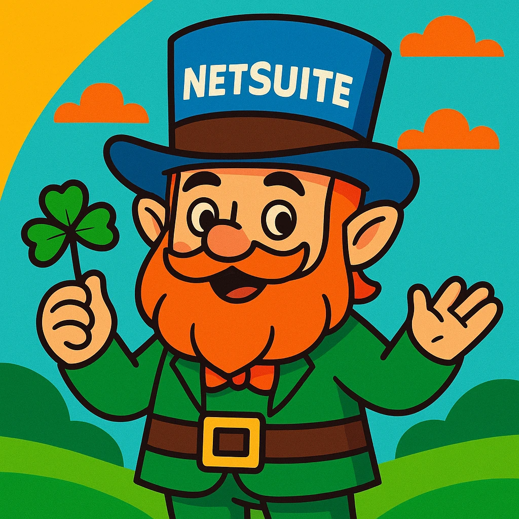cartoon leprechaun, blue hat featuring the word 'NetSuite', whimsical and bright emoji