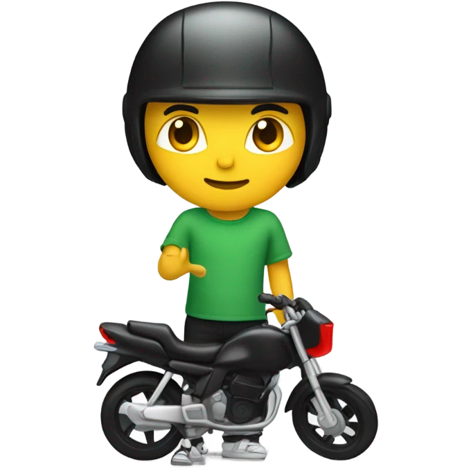 Boy with converse and green shirt, black pants, and black motorbike helmet with red visor with motorcycle outdoors emoji