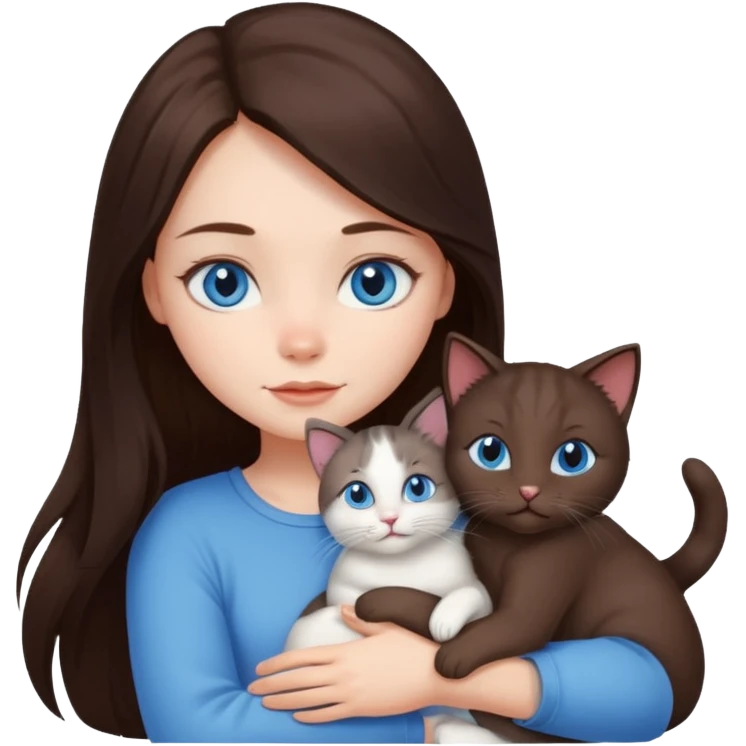 a pretty girl with long dark 
brown hair, with blue eyes, hugs 3 different natural coloured small cats emoji
