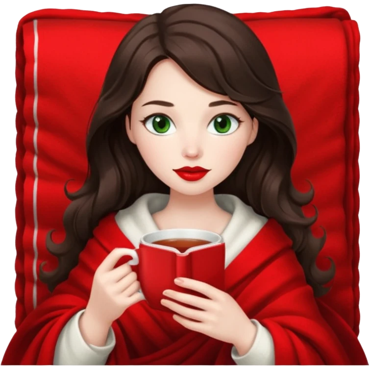 Long wavy dark brown haired, white skinned, dark green eyed girl with red lipstick wrapped in a red and white blanket, sipping tea and reading a book emoji