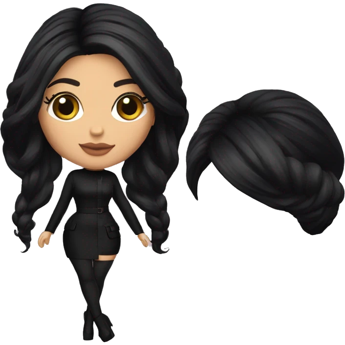 Kylie Jenner en robe noire et cheveux attaché et talon emoji