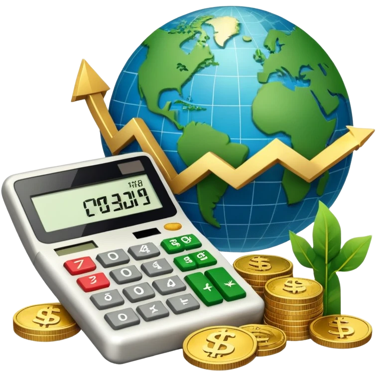 An icon featuring a calculator, a dollar sign, and a chart with upward trends, symbolizing economics. The design includes coins, bills, and a globe, representing global trade and financial systems. Transparent background highlights the study of markets, supply, and demand. emoji
