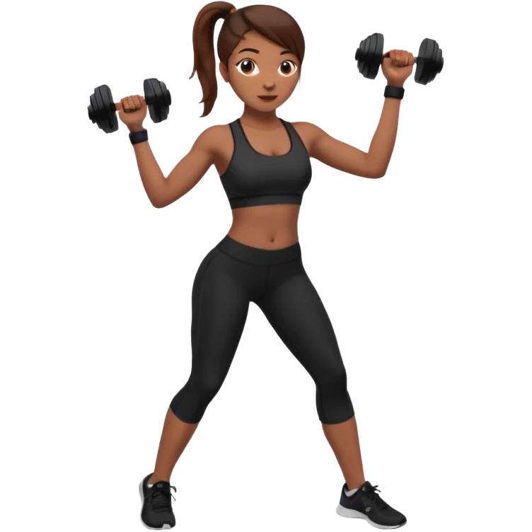 beautiful girl with brown hairs in sport wear in her hands is dumbbells emoji
