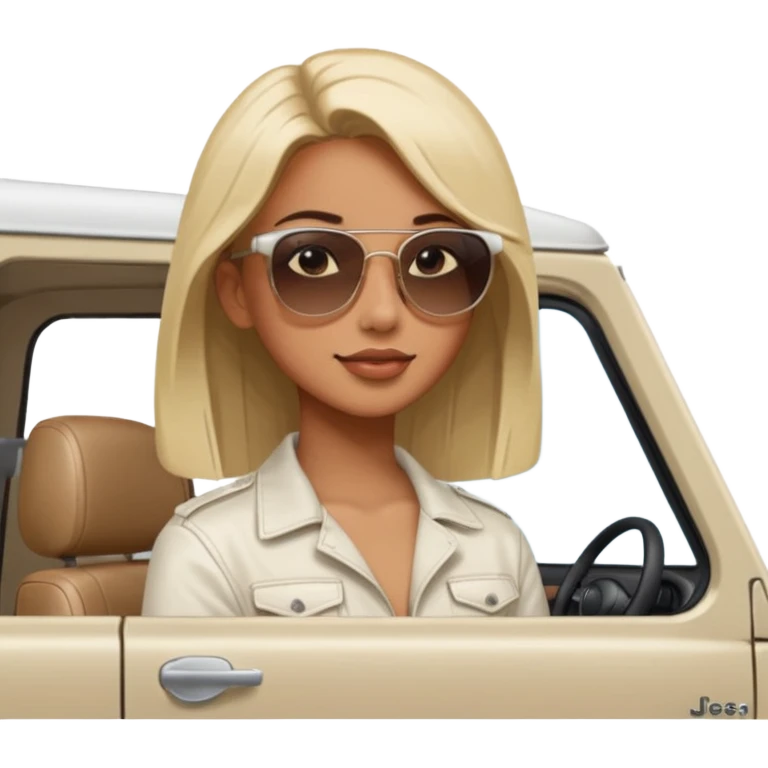 make the jeep white color, show a 45 degree angle and the girl giving a side look emoji