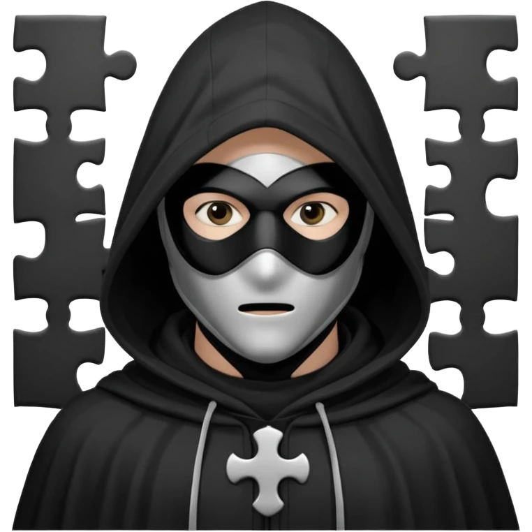 grayscale black mysterious masked hooded man with puzzle logo on hood emoji