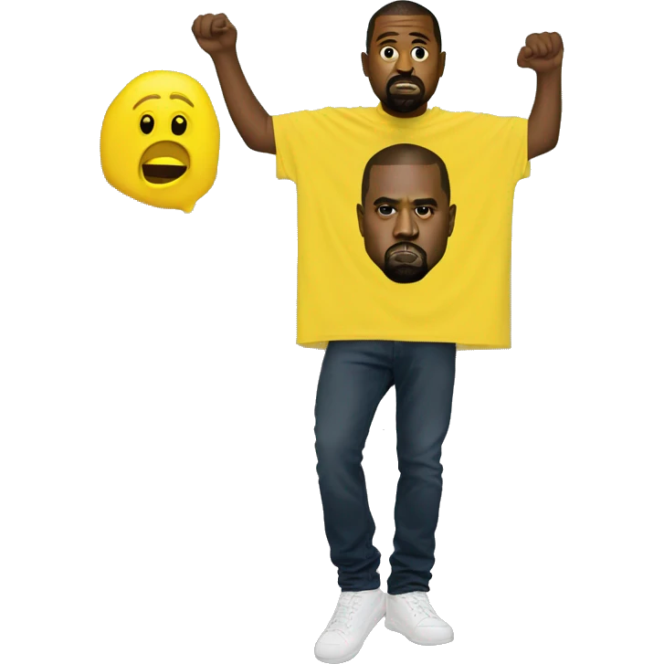 Kanye west holds a yellow sign with tshirt emoji