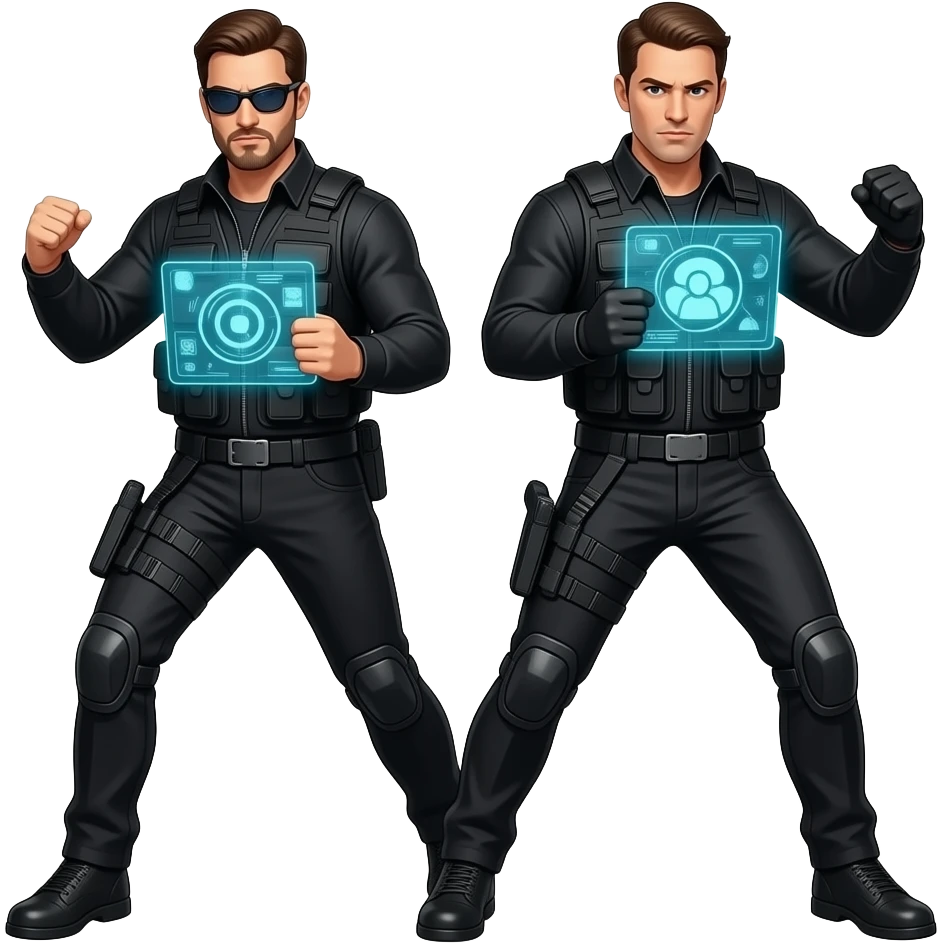 Two men dressed as agents, holding a screen, in action poses—full body. emoji