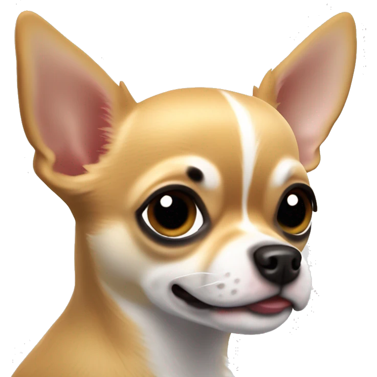 This Chihuahua is small with soft, light brown fur and darker markings on its face and ears. It has big, dark eyes and a playful look with its tongue slightly out. The ears are large and pointy, with a few white hairs at the edges. emoji