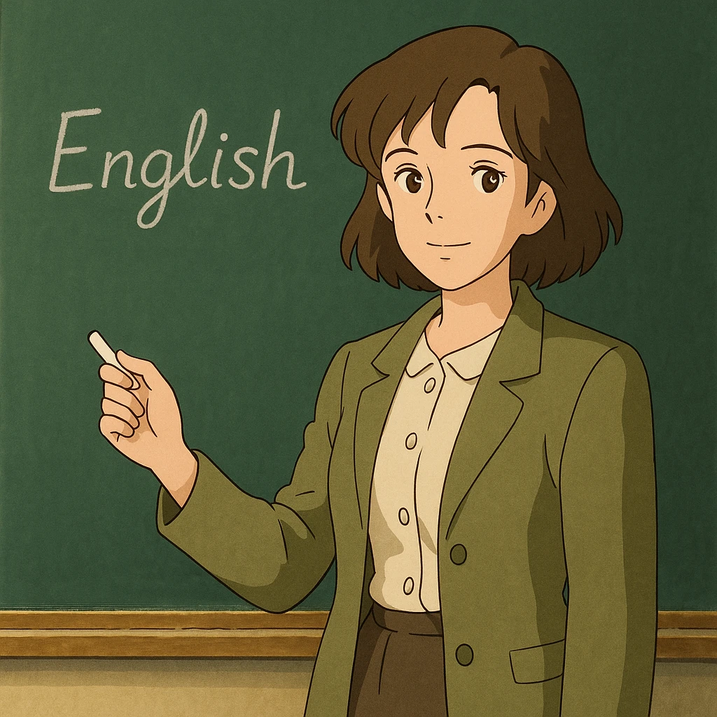 woman English teacher with brown hair, standing by a chalkboard, in ghibli style emoji