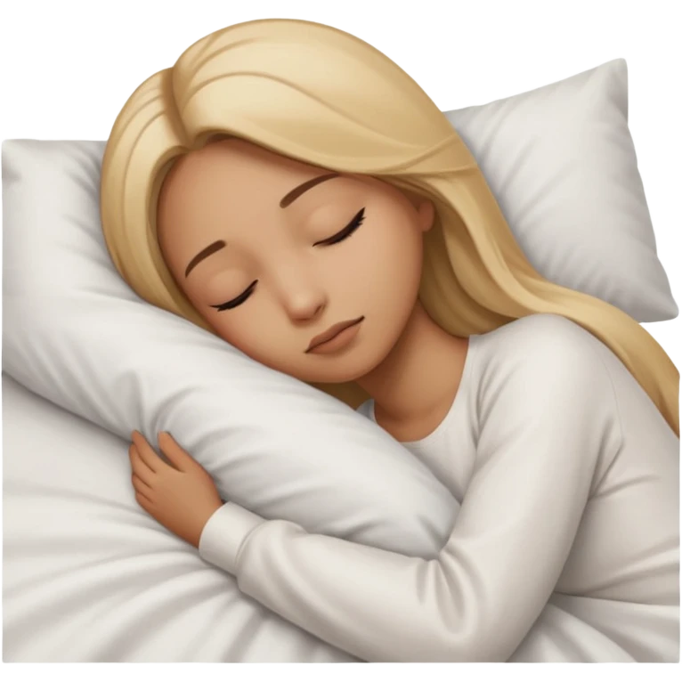 Mujer color de piel moreno claro, con cabello rubio largo, lacio y suelto, ojos negros, durmiendo con sábanas blancas  emoji