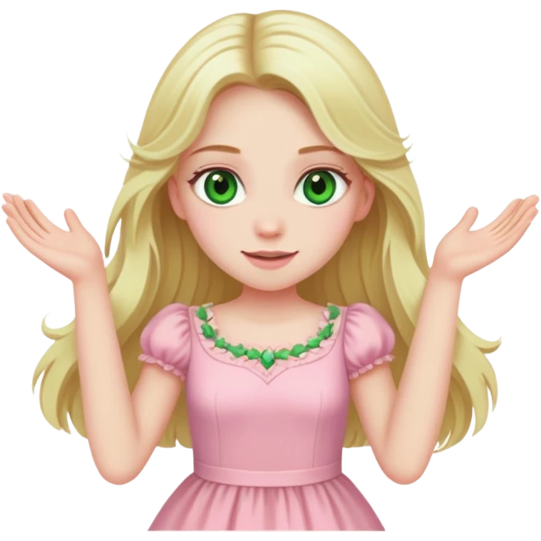 blonde girl with long hair, swamp green eyes, pink pastel dress, celebrating emoji