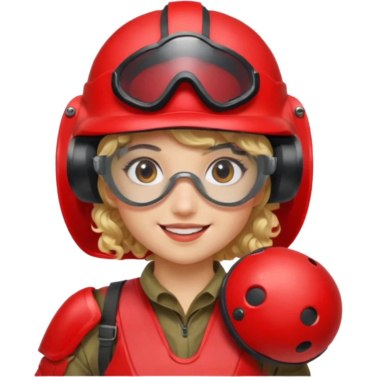 blond curly girl playing paintball with red paintball helmet with eye protection, only face emoji