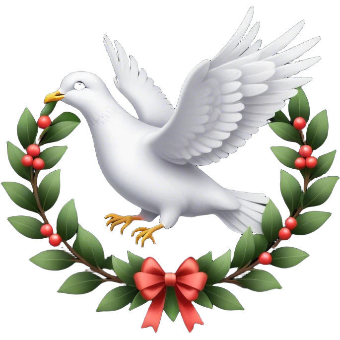 A flying dove with wreath on its beak and black linen background  emoji