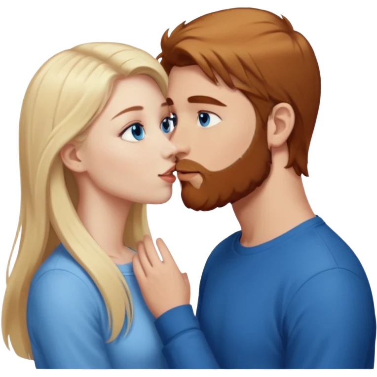 Long-pale-blonde hair, beautiful girl with blue eyes facing, kissing reddish-brown hair-beard boy blue eyed white guy emoji