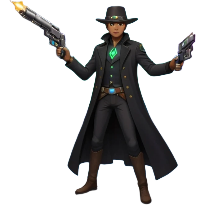 A mysterious alien gunslinger standing on a floating rock in space, cosmic nebula behind him, glowing energy revolver, long flowing coat in zero gravity, epic lighting, ultra detailed space western art
 emoji