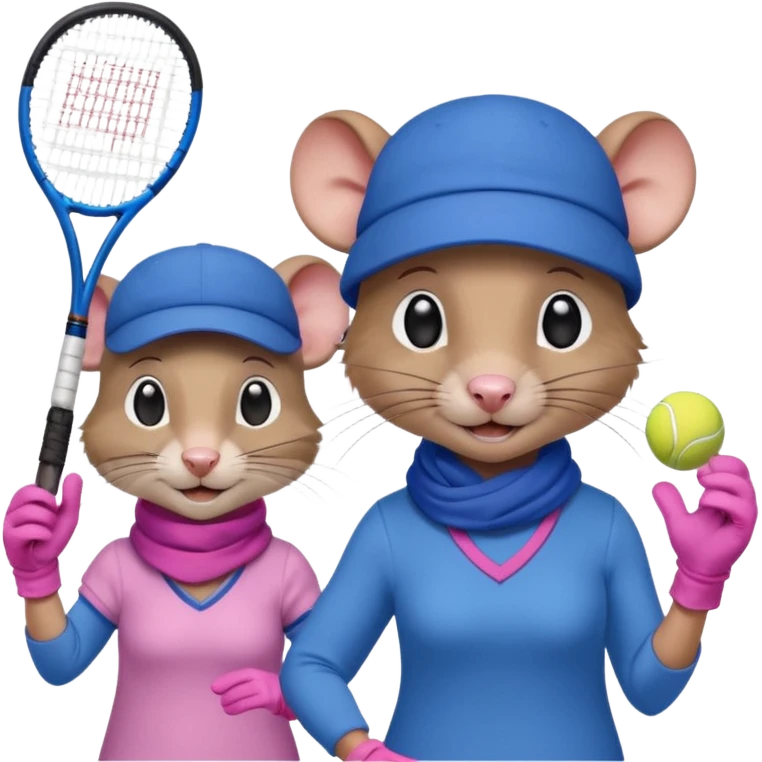 Male and female rat playing tennis in winter with gloves hats and scarves but on wearing blue the other wearing pink emoji