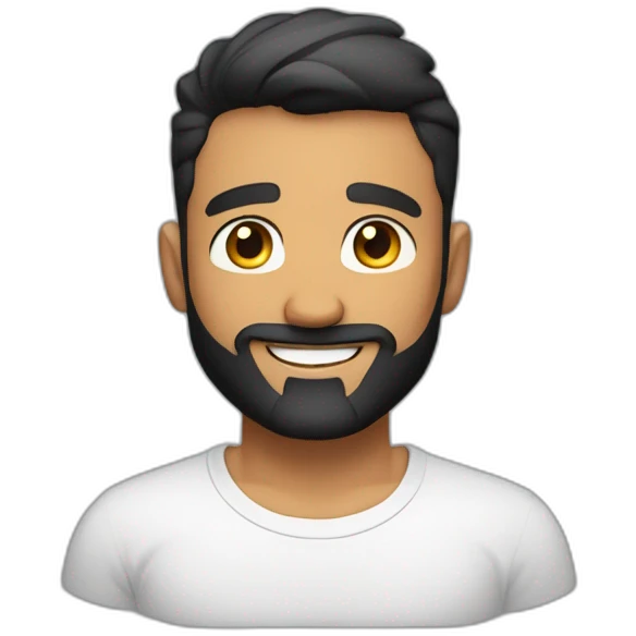 tanned skin male, short black hair with a skin fade haircut, good beard, white teeth, black t shirt approximately 32 years old, good beard, chest up, confident emoji