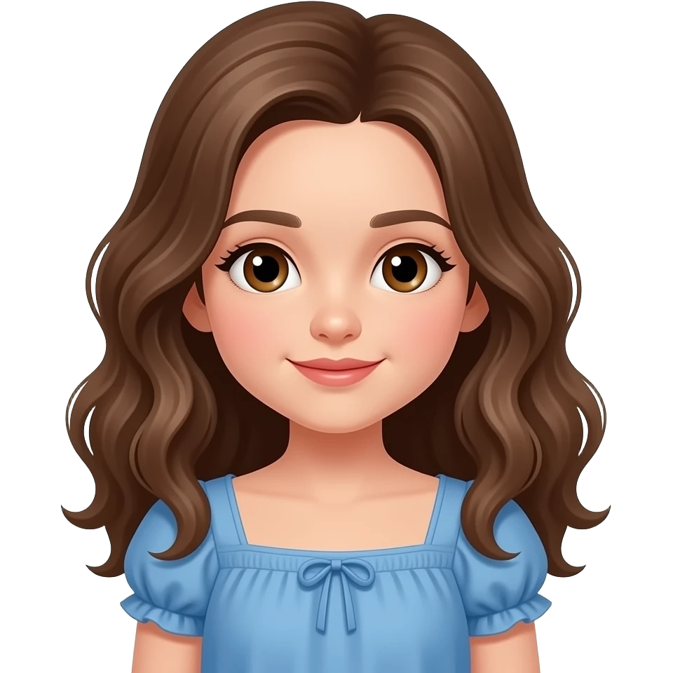 Menina  mais emoji cabelo andulado é  grande roupa azul  vestido e olho marrom e  criança emoji