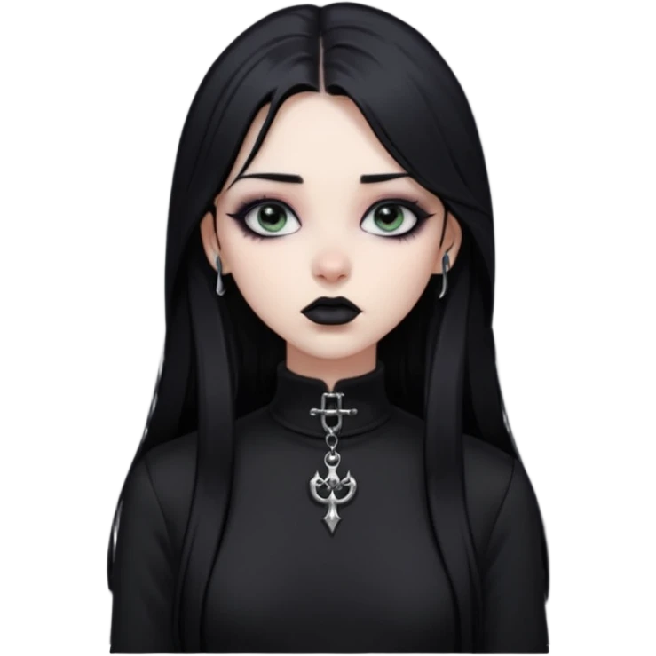 goth girl, straight long black hair, vertical labret lip piercing, black mock neck shirt emoji