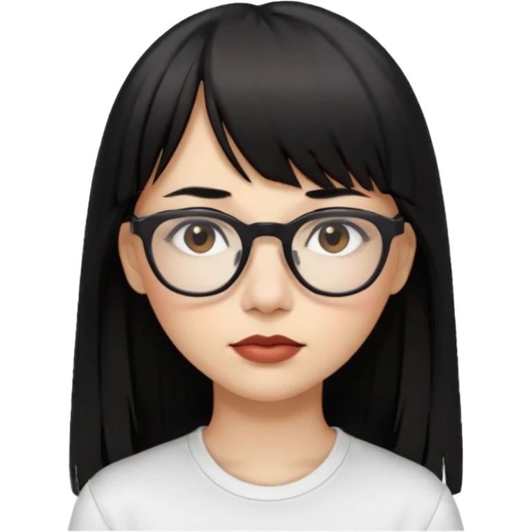 uma mulher snapchat icon, cor da pele normal, cabelo preto liso solto grande com franja, óculos pretos, com piercing na boca e nariz, olhos castanhos, camisa branca emoji