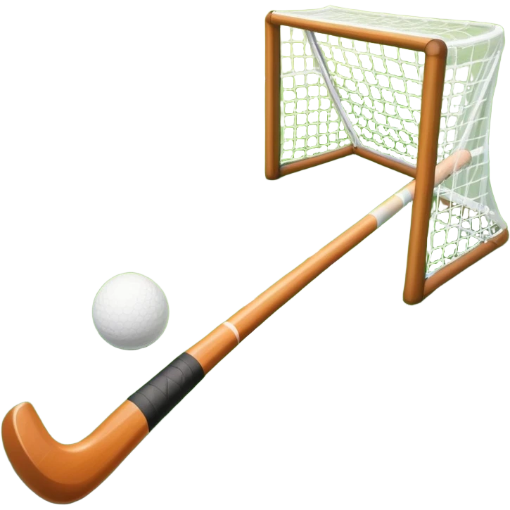 field hockey stick and ball on green grass field with goalposts in background emoji