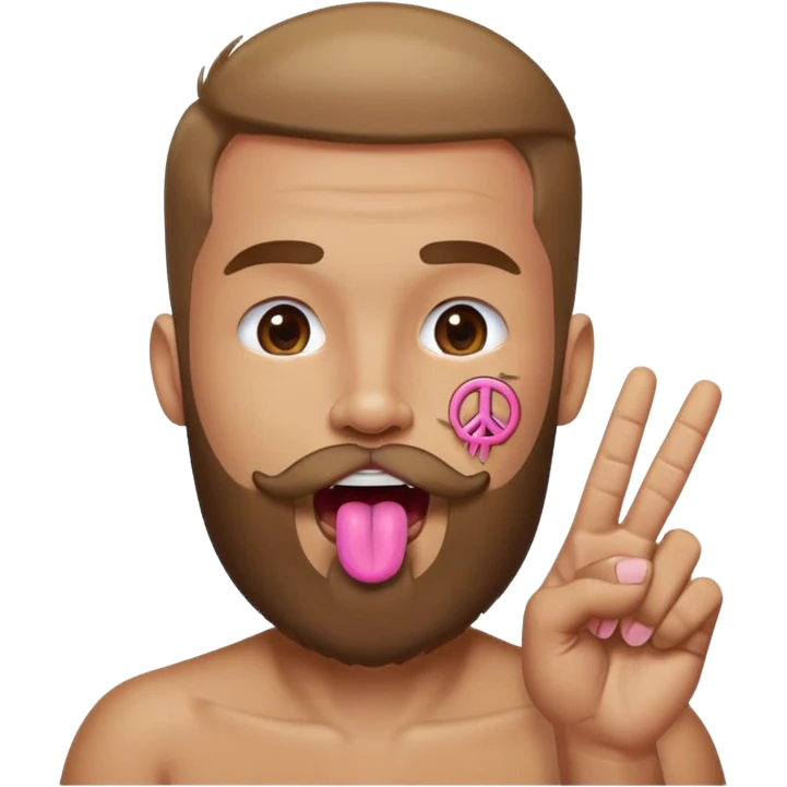 Man with beard sticking tongue out with peace sign under tongue emoji