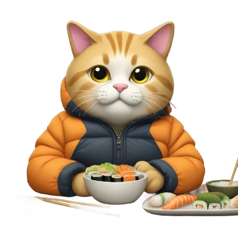 cat in a big puffy jacket eating sushi emoji