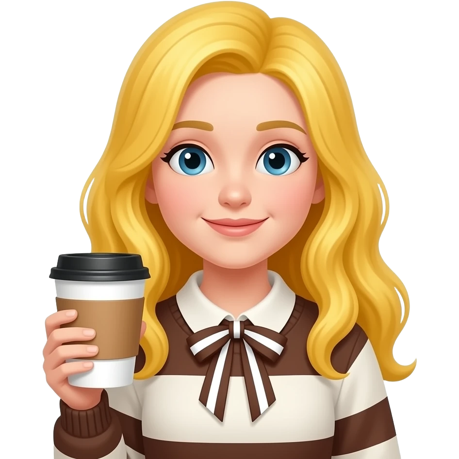 kız elinde kahve var sarı saçlı üstünde Kahverengi ve beyaz biri kazak var üstünde Kahverengi ve beyaz kurdele var emoji