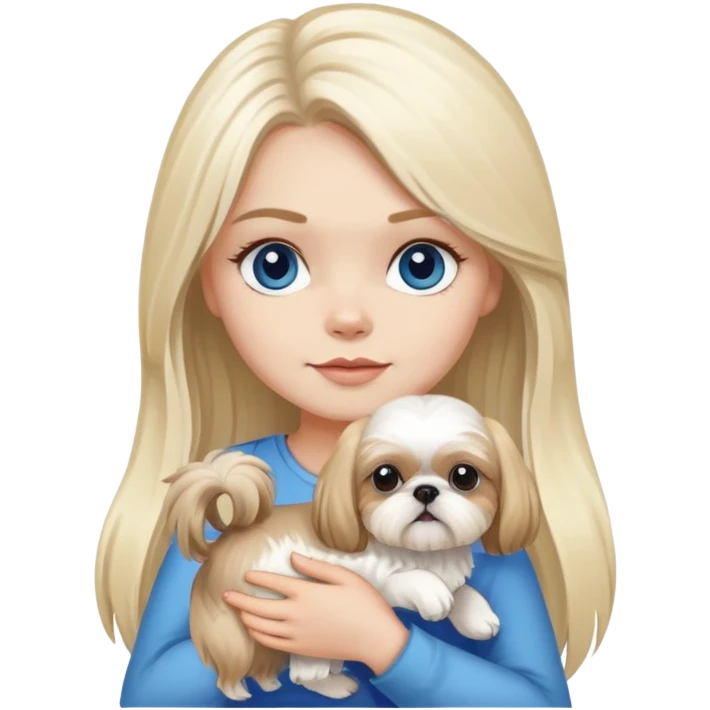 White blond girl with long hair and blue eyes holding a small female shih tzu dog emoji