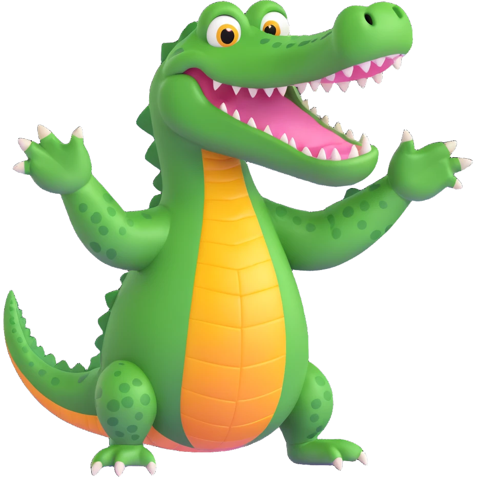 friendly expression bright green cartoonish crocodile named Bombardino waving emoji