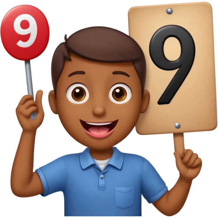 A school that has the number 9 on top of it's eyes holding a sign with the number 9 on the sign with a mouth sticking out his tongue with legs and arms with him being happy full of joy emoji