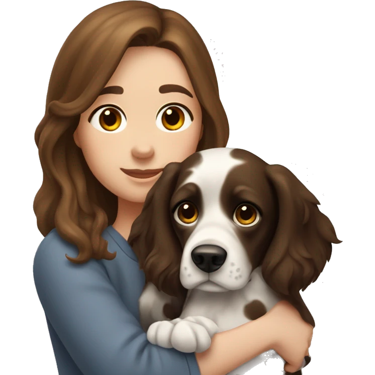 Girl with brown hair hugs a dog Russian hunting spaniel dog with black ears and nose and white muzzle and black big spots on the back emoji