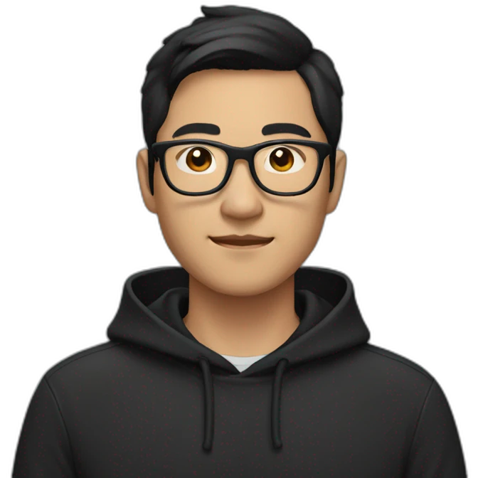 asian man with glasses dark haired wearing a black hoodie with a subtle mustache emoji