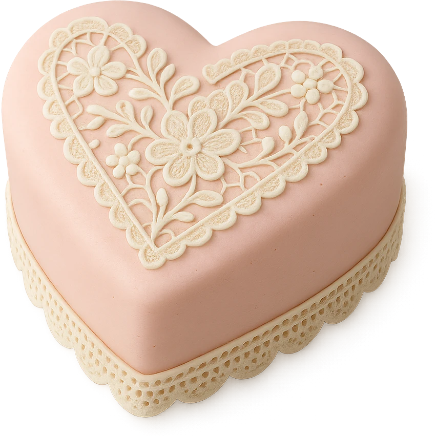 heart-shaped fondant cake with edible lace emoji