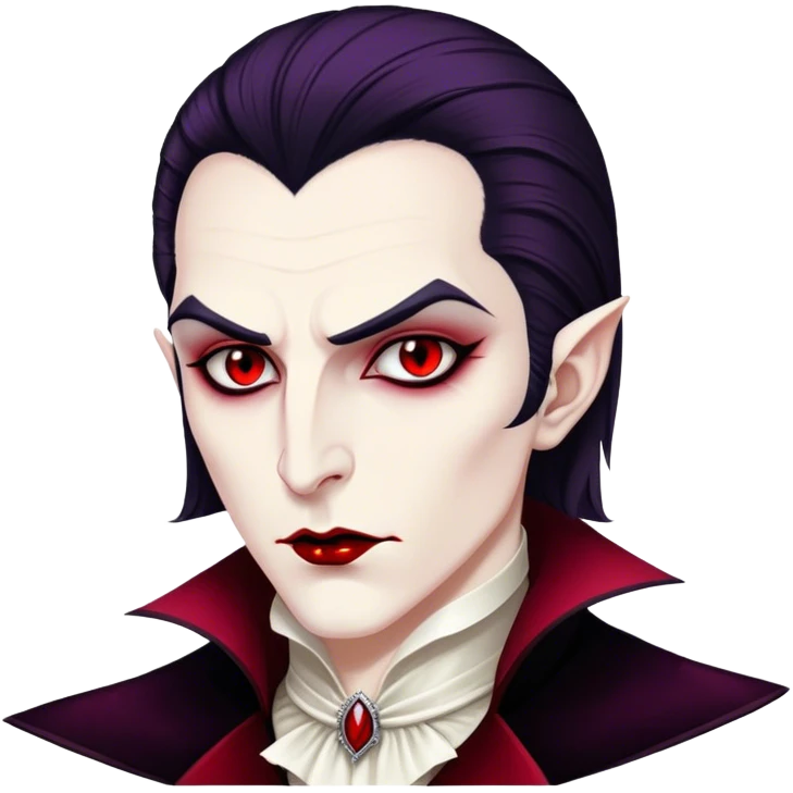 Cinematic Noble Vampire Portrait Emoji, Elegant and commanding, with a refined, pale visage framed by dark, velvet accents and a hint of crimson, exuding timeless seduction and dangerous allure, simplified yet exquisitely detailed, glowing with a soft nocturnal radiance and a subtle, mysterious outline that captures the regal spirit of an immortal lord of the night! emoji