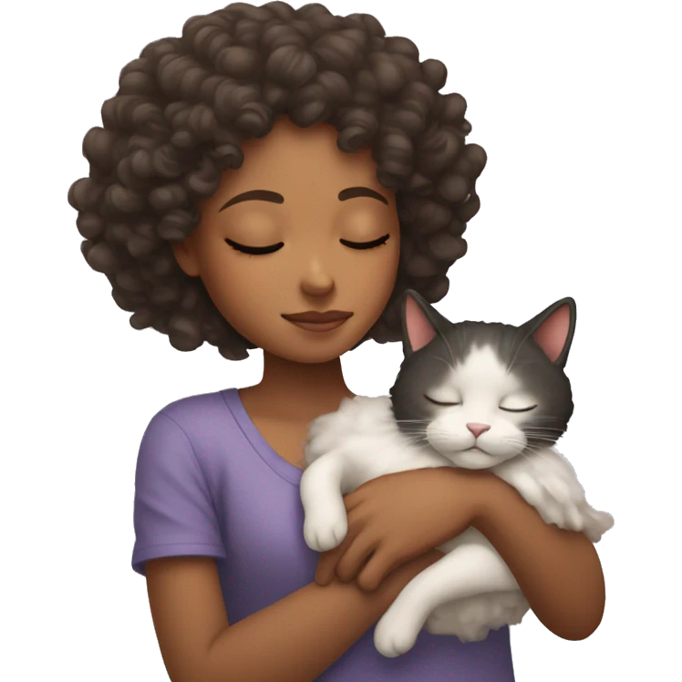 sleeping girl with curly hair holding a cat emoji
